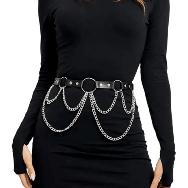 Gothic Clothing Accessory For Women Edgy Punk Belt Adjustable Wide Waist Chain Faux Leather Street Style Waistband