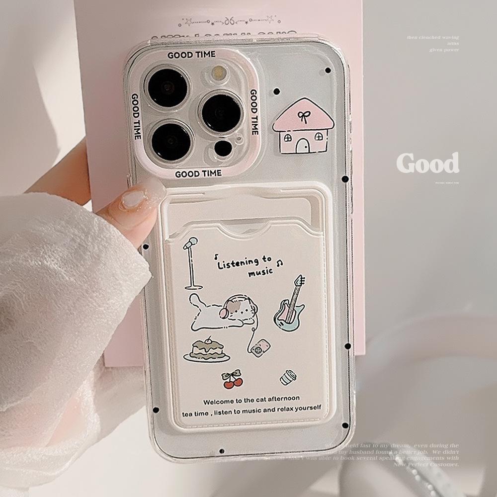 Korean Cute Cat Card Holder Phone Case For iPhone 16 15 14 13 12 11 Pro Max X XR 7 8 Plus SE Wallet Shockproof Soft Cover Funda