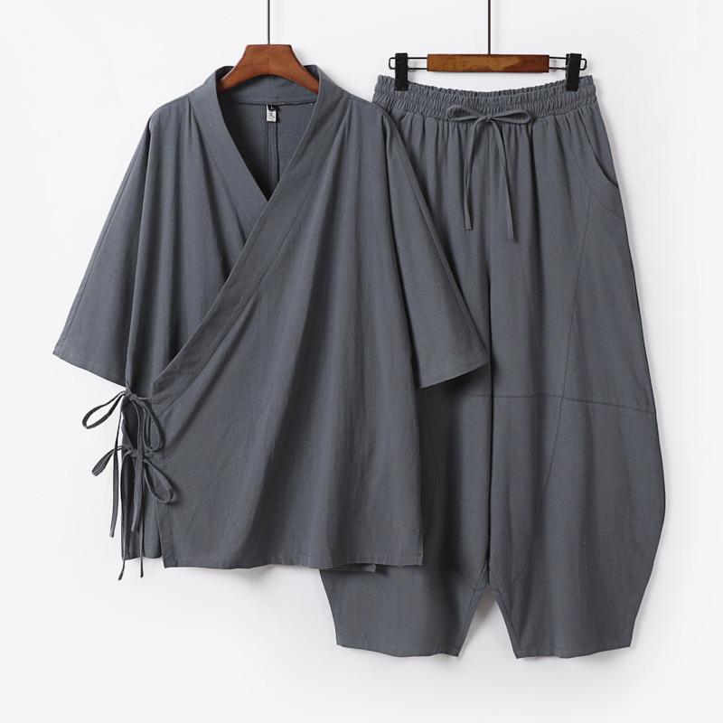 Men Japanese Kimono Cardigan Pants Set Linen Yukata Haori Samurai Costume Harajuku Loose Jacket Suit