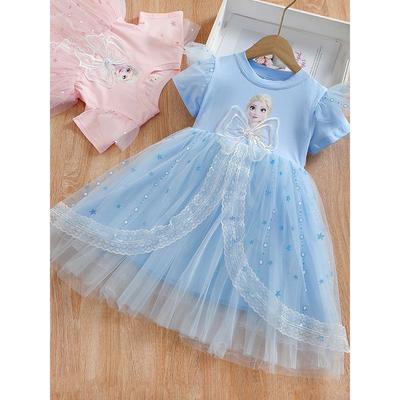 Summer New Dress for Baby Girls Short Sleeve Puffy Tulle Dress Elsa Dress Stylish Girl Elsa Princess Dress