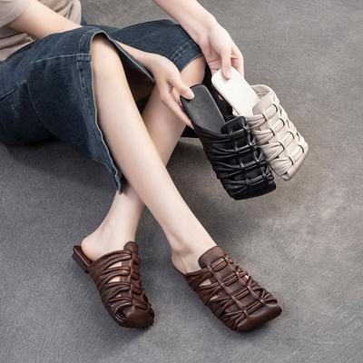 Echtes Leder Weben Atmungsaktive Square Toe Flache Hausschuhe Retro Vielseitige Damenschuhe