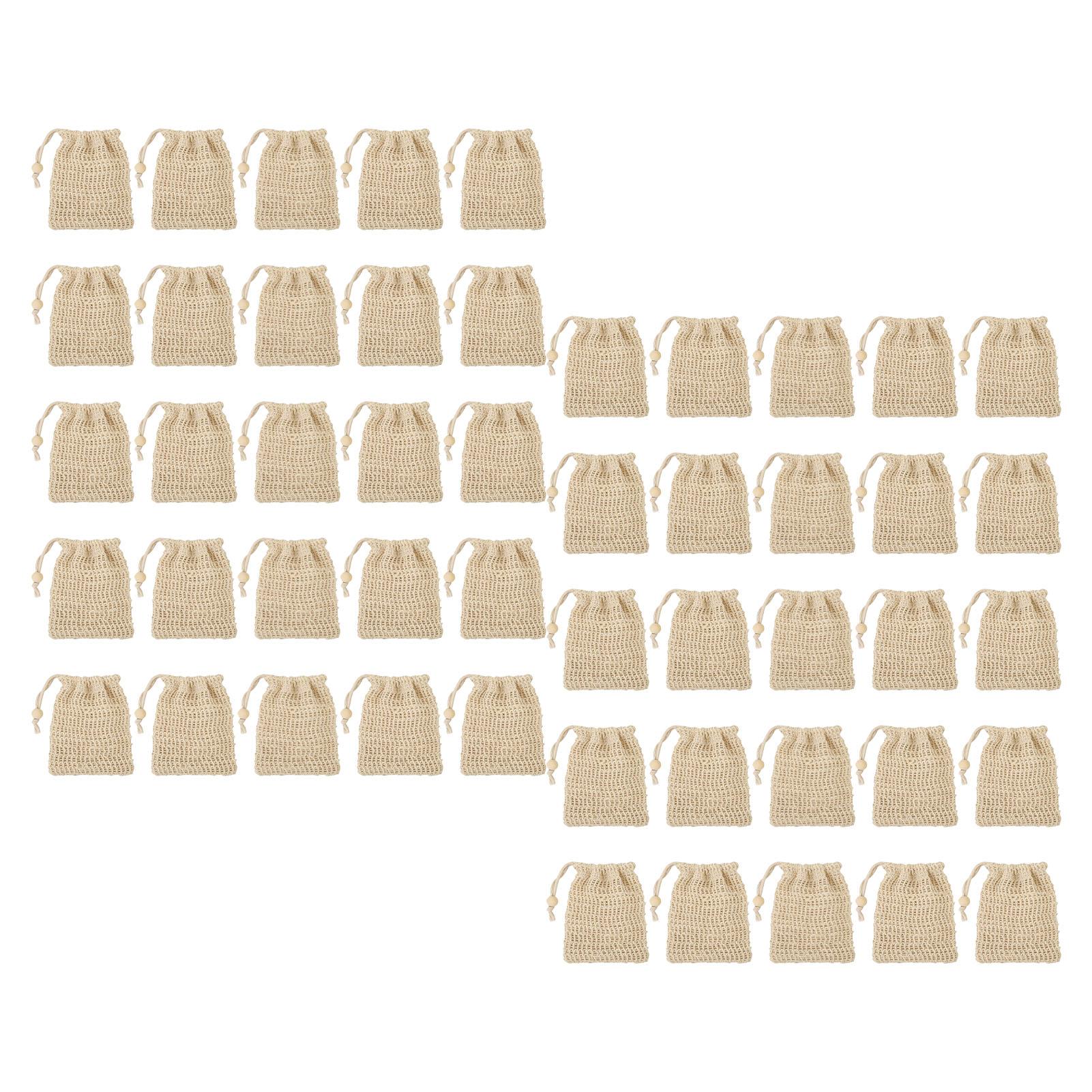 

50PCS Soap Saver Bag Set with Drawstring Reusable Mesh Foaming Exfoliating Soap Pouch for Bathroom Shower White Wooden