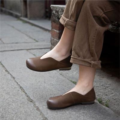 Loafers Solid Colors Round Toe Flats Retro Comfortable Genuine Leather Women's Slip-on Shoes