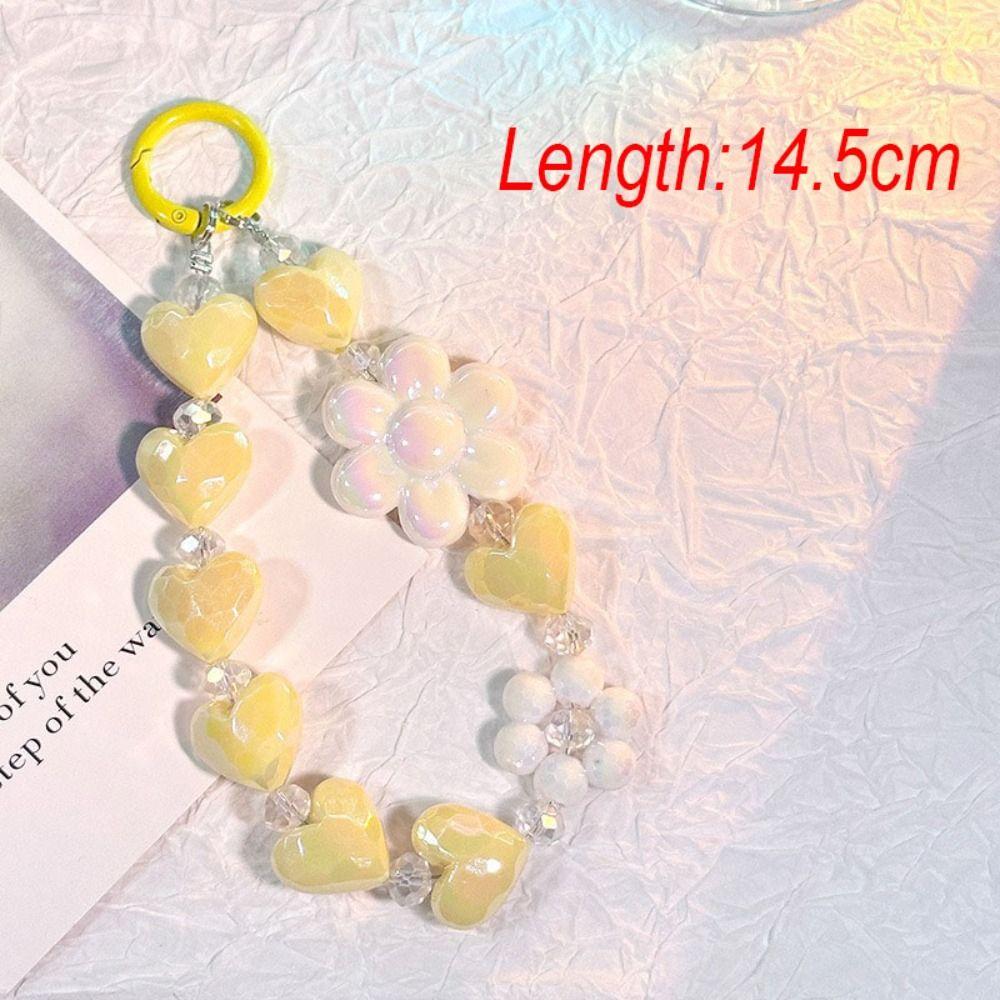 Heart Colorful Phone Lanyard Flower Keychain Crystal Phone Anti-lost Rope Colored Round Bead Cute Glitter Wrist Straps