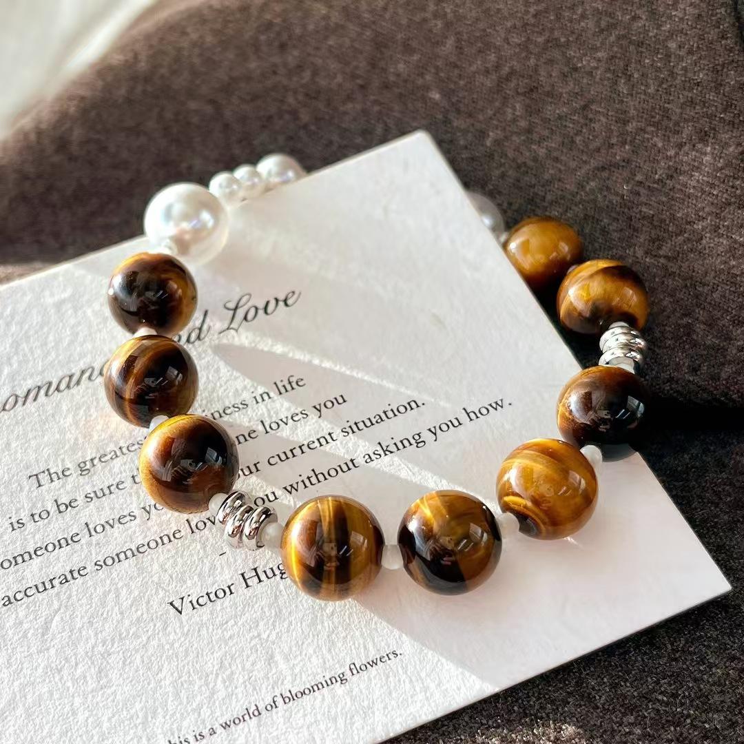 Vintage Natural Maillard Tiger S Eye Manmade Crystal Pearl Contrast Bracelet Bracelet