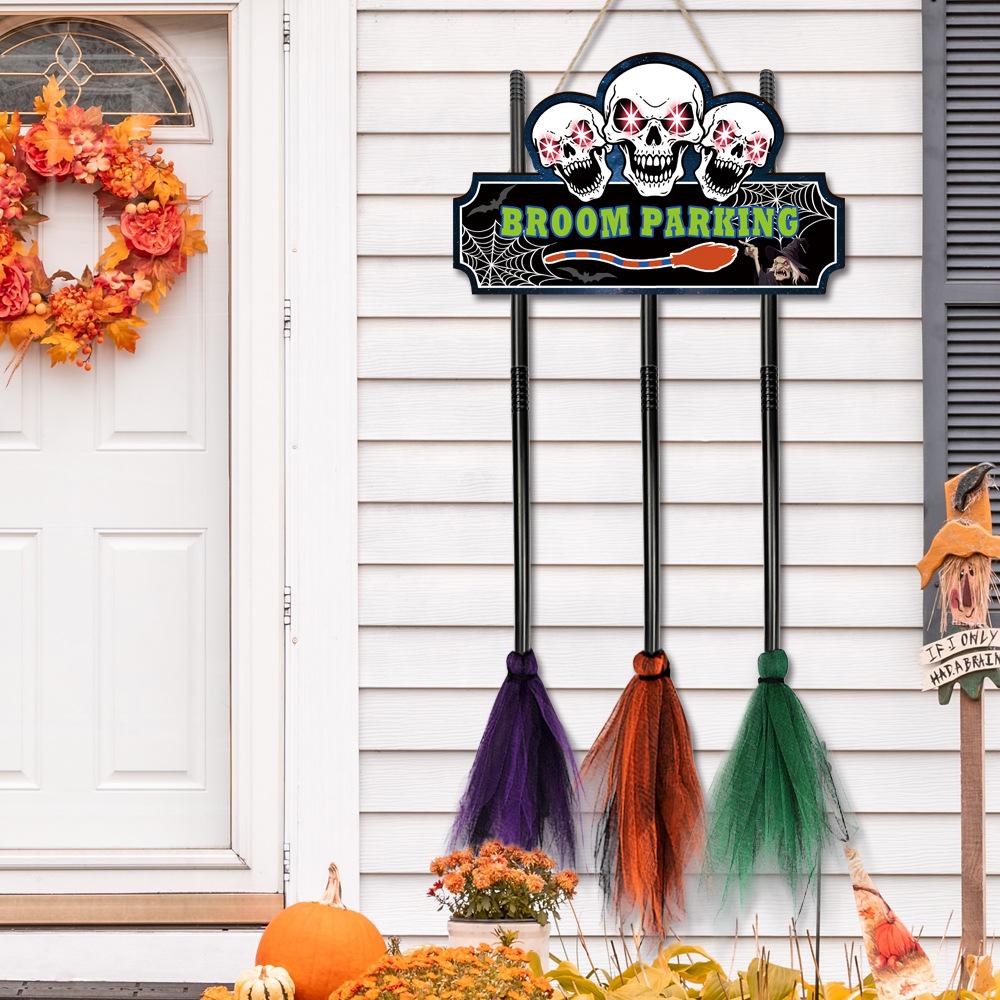 Halloween Decoration Broom Sign 3 Witches Brooms for Front Porch Wall Home Office Indoor Outdoor Wall Halloween Decoration