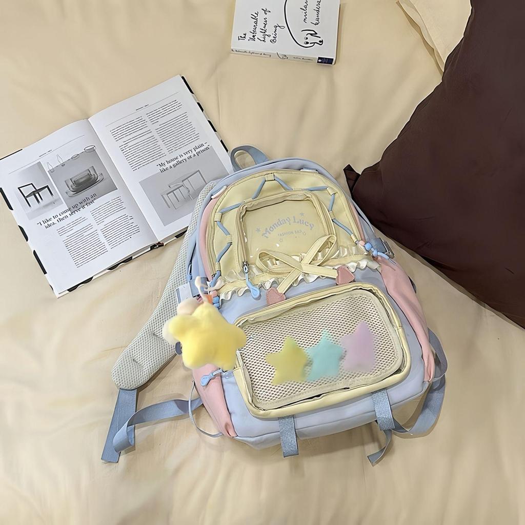 Women's Color Block College-Style Backpack with Ballet Ruffle Lace Design