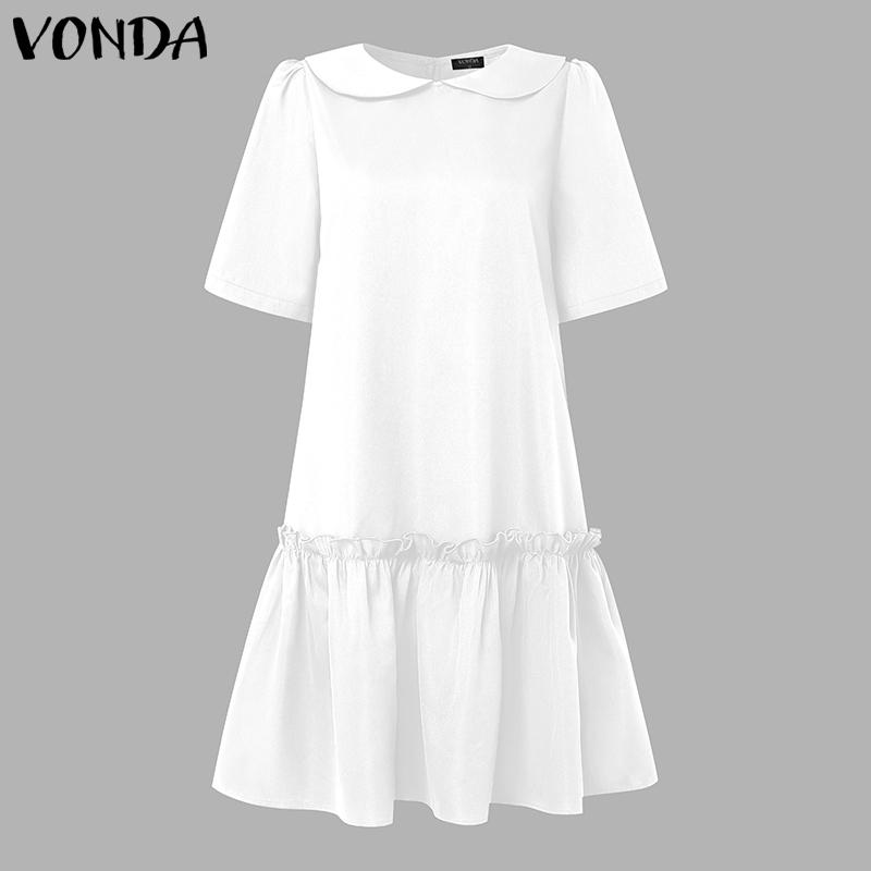 VONDA Elegant Women Casual Lapel Neck Short Sleeve Solid Color Ruffled Dress