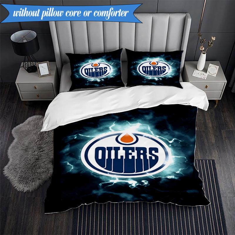 3PCS Edmonton Oilers Emblem Bedding Set,Including 1pc Duvet Cover And 2pcs Pillowcases Perfect for Bedroom, Dormitory, Fan Christmas Gift