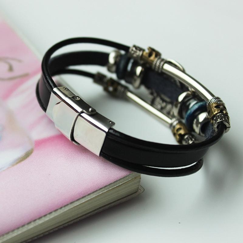 Lucky Eye Turkish for Evil Eye Bracelets For Men Women Punk Style Flower Handmade Jewelry Multilayer Black Leather Bangl