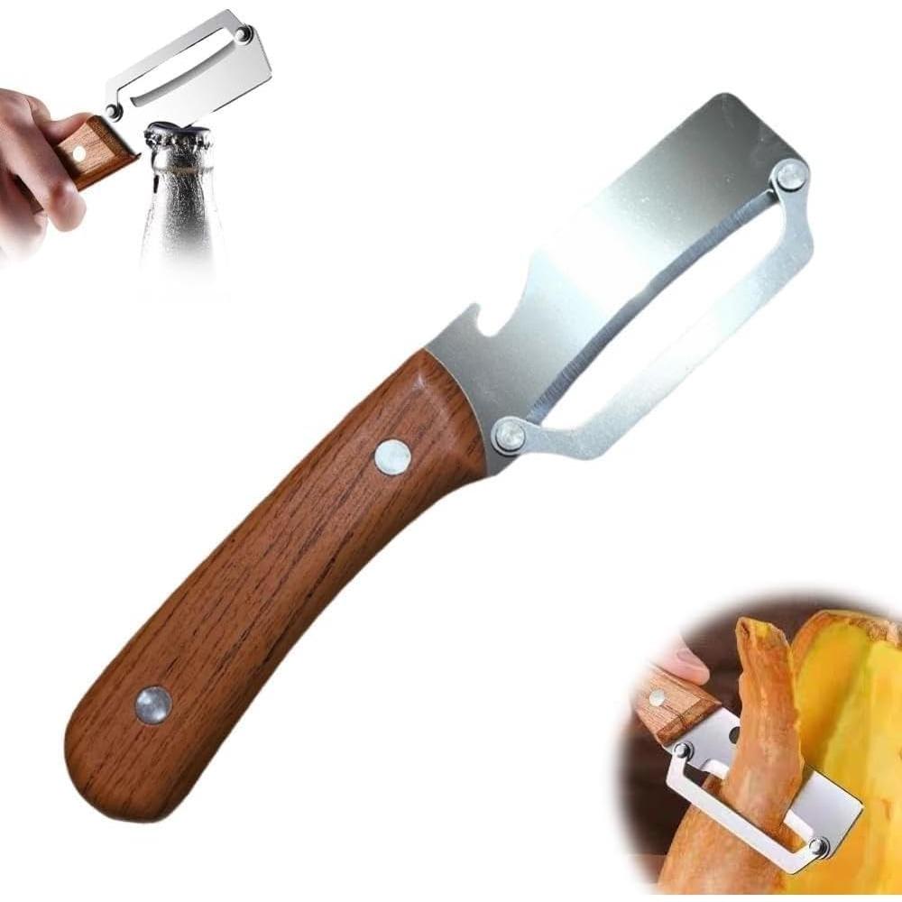 2-in-1 peeler with bottle opener, smooth wooden kitchen peeler, suitable for fruits, multi-functional stainless steel peeler.