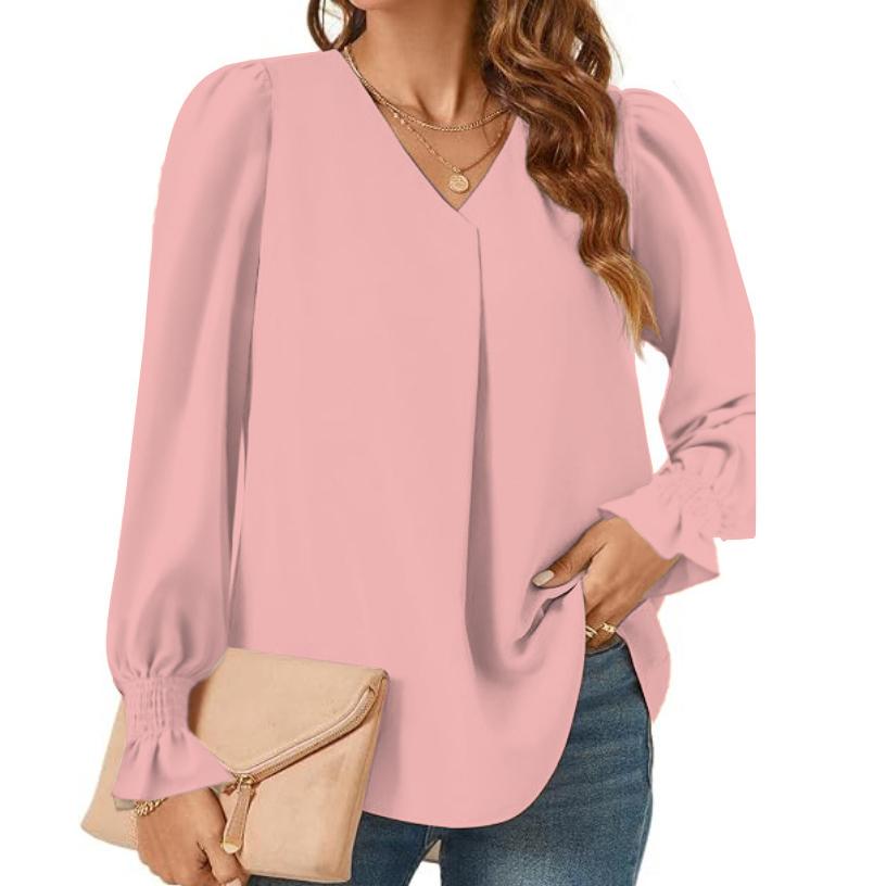 Maglione con scollo a V per donna, tinta unita, manica lunga, arricciato, ampio, casual, alla moda, elegante, da lavoro, manica lunga, traspirante, leggero, morbido