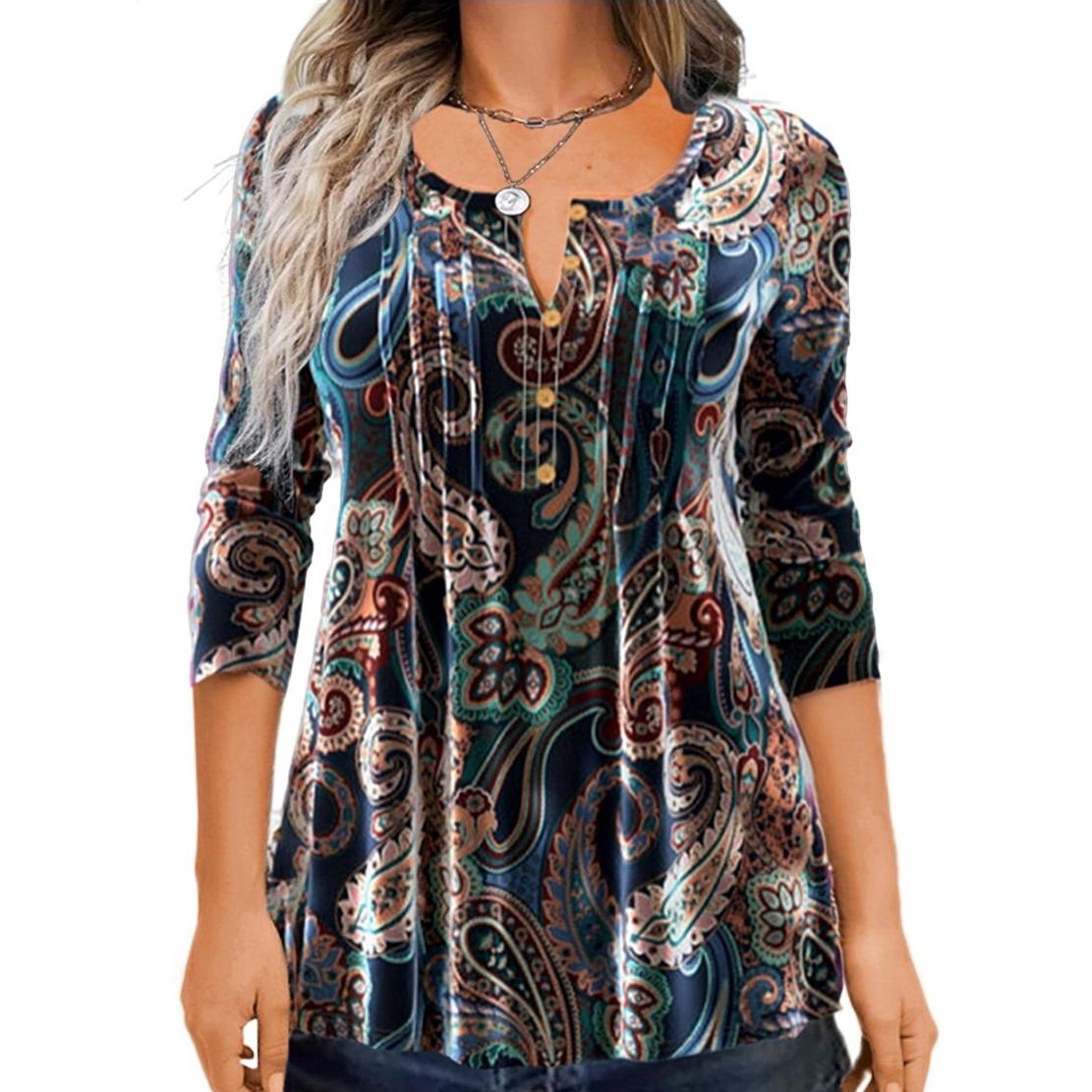 

Весенне-осенняя футболка, модные женские футболки с цветочным принтом, круглым вырезом и длинными рукавами M синий