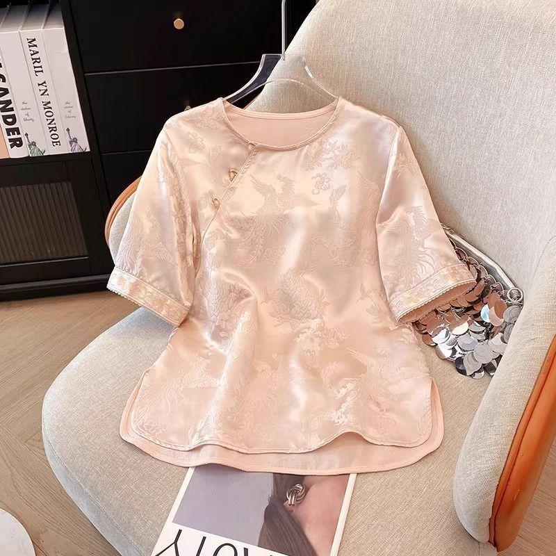 High-end loose meat covering and thin short-sleeved summer new product retro inner improved satin shirt women