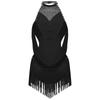 Girls Latin Dance Leotard Ruched Mesh Drapes Cutout Tassel Design Glittery Rhinestones Costume