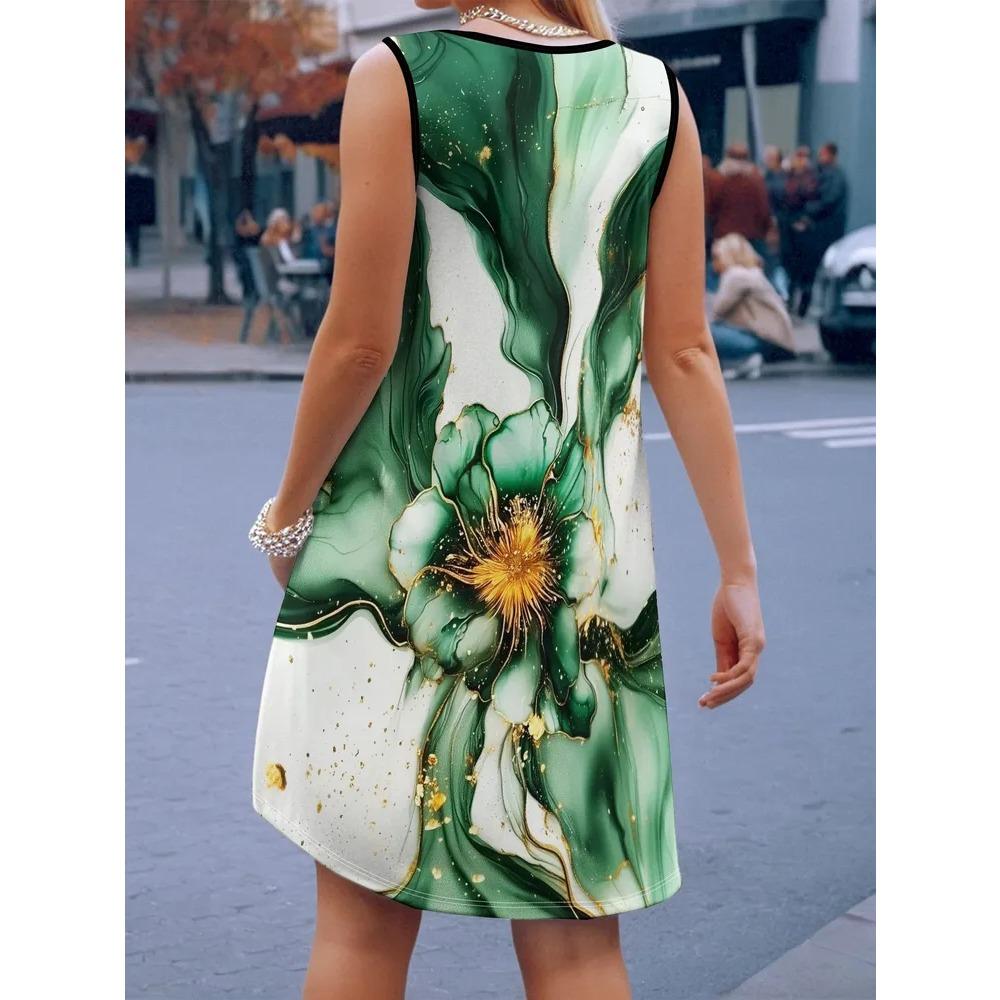 Robe d'été sans manches grande taille pour femme, motif floral 3D, col rond, longueur genou, sans poche, coupe ample, douce