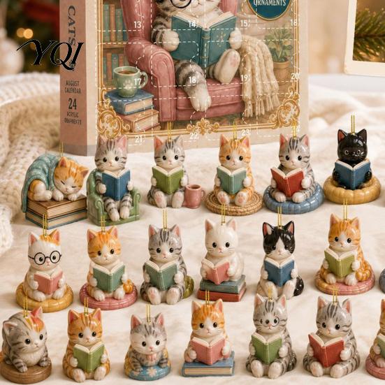 Christmas Tree Hanging Decorations Reading Cat Advent Calendar 2026, Cute Kitten Acrylic Ornaments 24 Days Countdown Unique Box Calendar, Pcs Cartoon