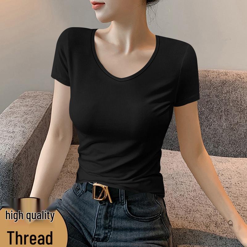 Damen V-Ausschnitt Slim Fit Kurzarm Geripptes T-Shirt, Große Größen, Einfarbig, Frühjahr/Sommer 2026 Kollektion