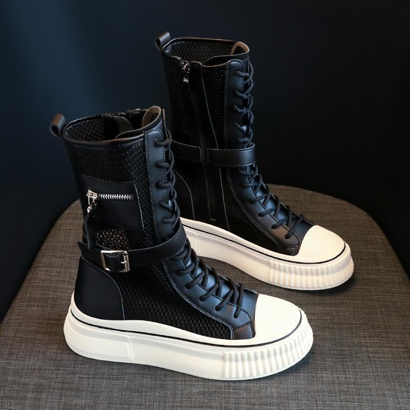 Summer Boots for Women Fashion High Top Casual Platform Boots Breathable Hollow Out Mesh Boots for Women Mid-Calf Botas Sneakers