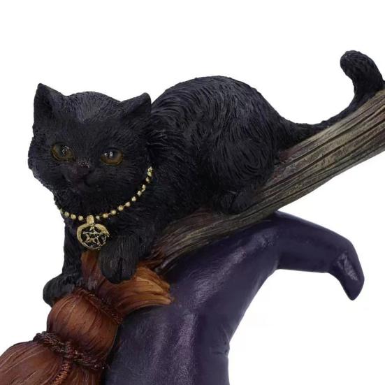 Halloween Black Cat Decoration Evil Black Cat on Magic Broom Resin Cat Statue with Hat Tabletop Ornament for Indoor Home Desktop Decor