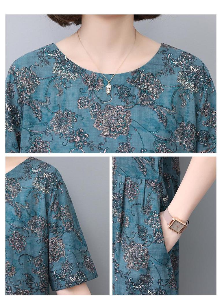 Floral Linen A-Line Dress for Women, 2024 Summer Collection – Elegant Slimming Style for Middle-Aged Mothers