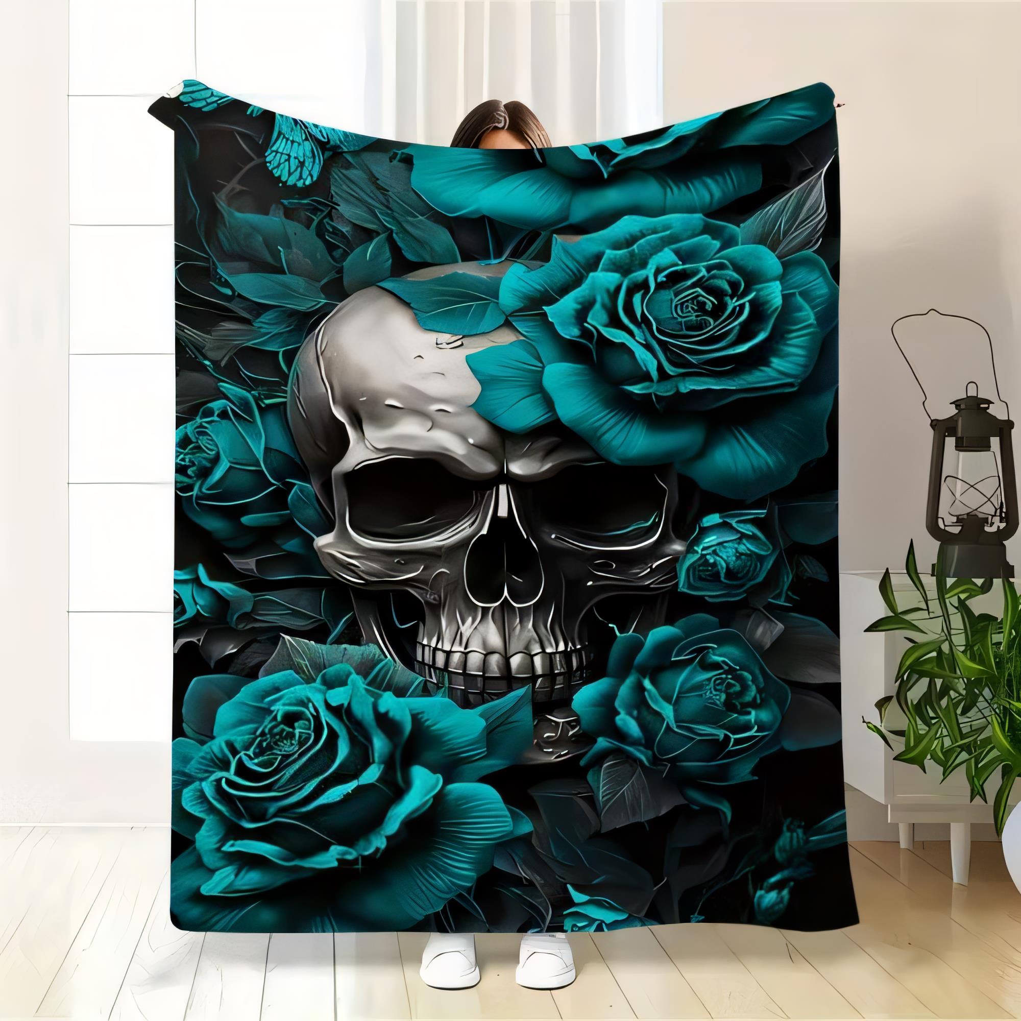 

Intricate Silver Skull Blanket with Teal Roses and Green Leaves, Decorative Tapestry for Home Decor, Soft and Cozy Throw for Sof 75cmx90cm