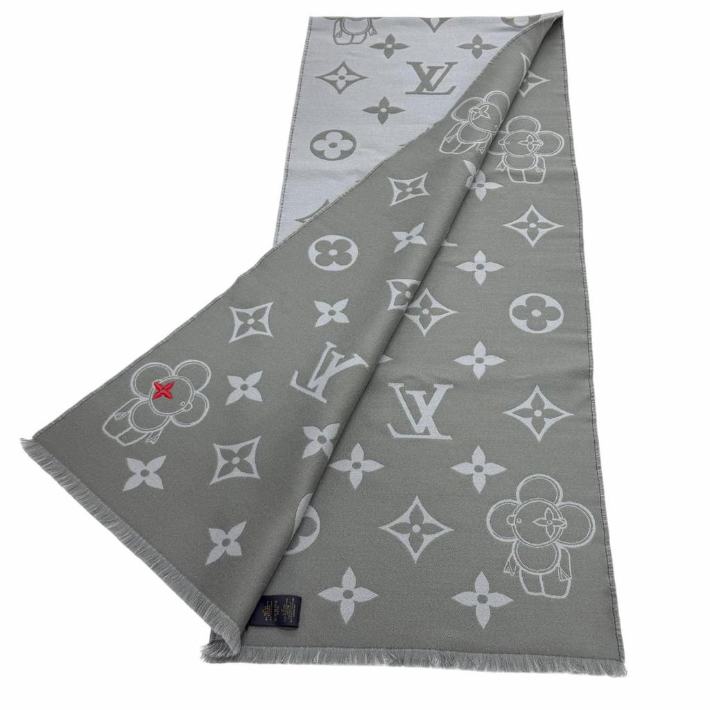 Excellent LOUIS VUITTON Scarf Vivienne CVD With fringe gray wool Women M79124 Used