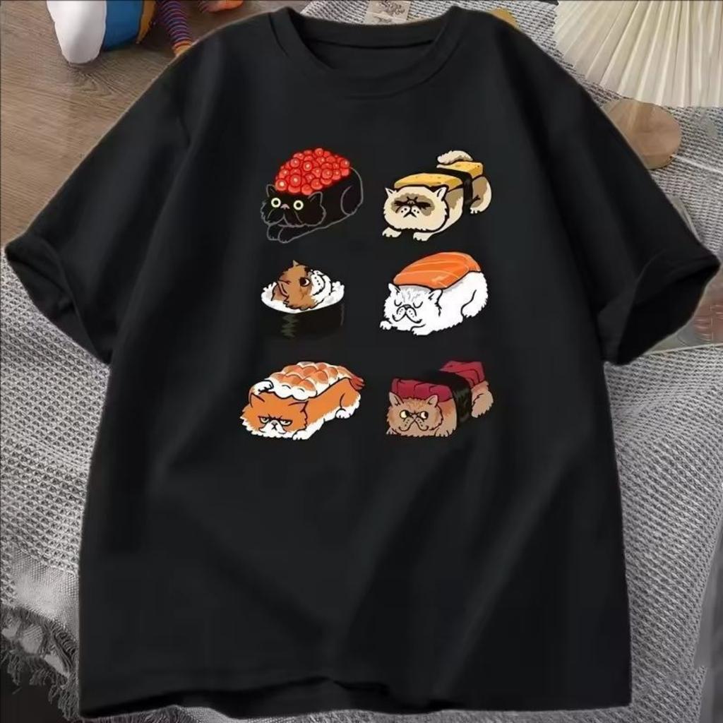 Kawaii Niedliche Katzen Sushi T-Shirt Damen Y2k T-Shirt Sommer Kurzarm T-Shirt Cartoon Print T-Shirt Tees Damenbekleidung