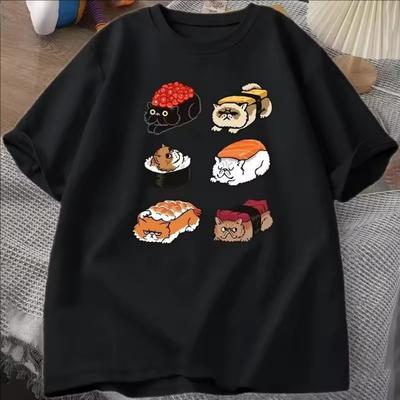 Kawaii Cute Cats Sushi T Shirt Women Y2k T-Shirt Summer Short Sleeve Tee Cartoon Print Tshirt Tees Women Clothing