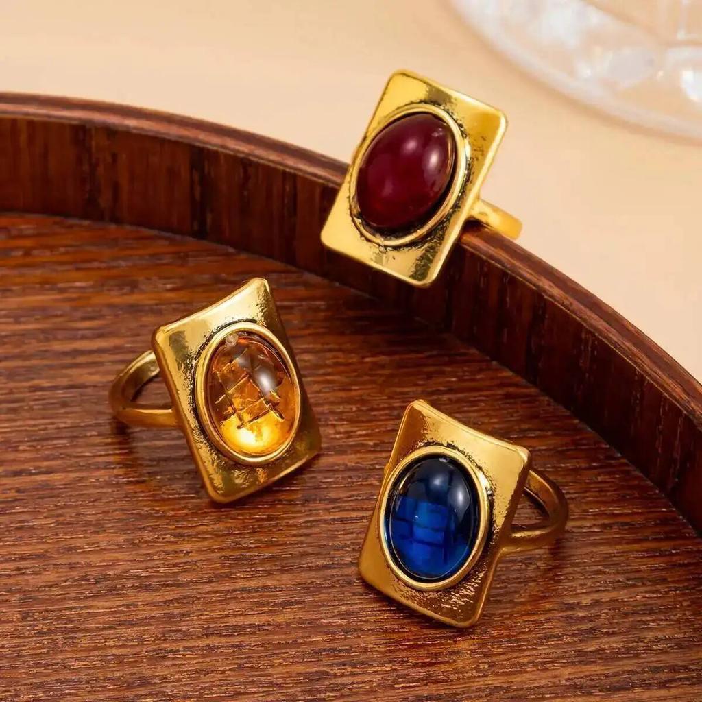 SHIXIN 3Pcs/Set Vintage Colorful Resin Open Rings Women Punk Gold Color Geometric Metal Square Finger Ring Couple Jewelry Gift