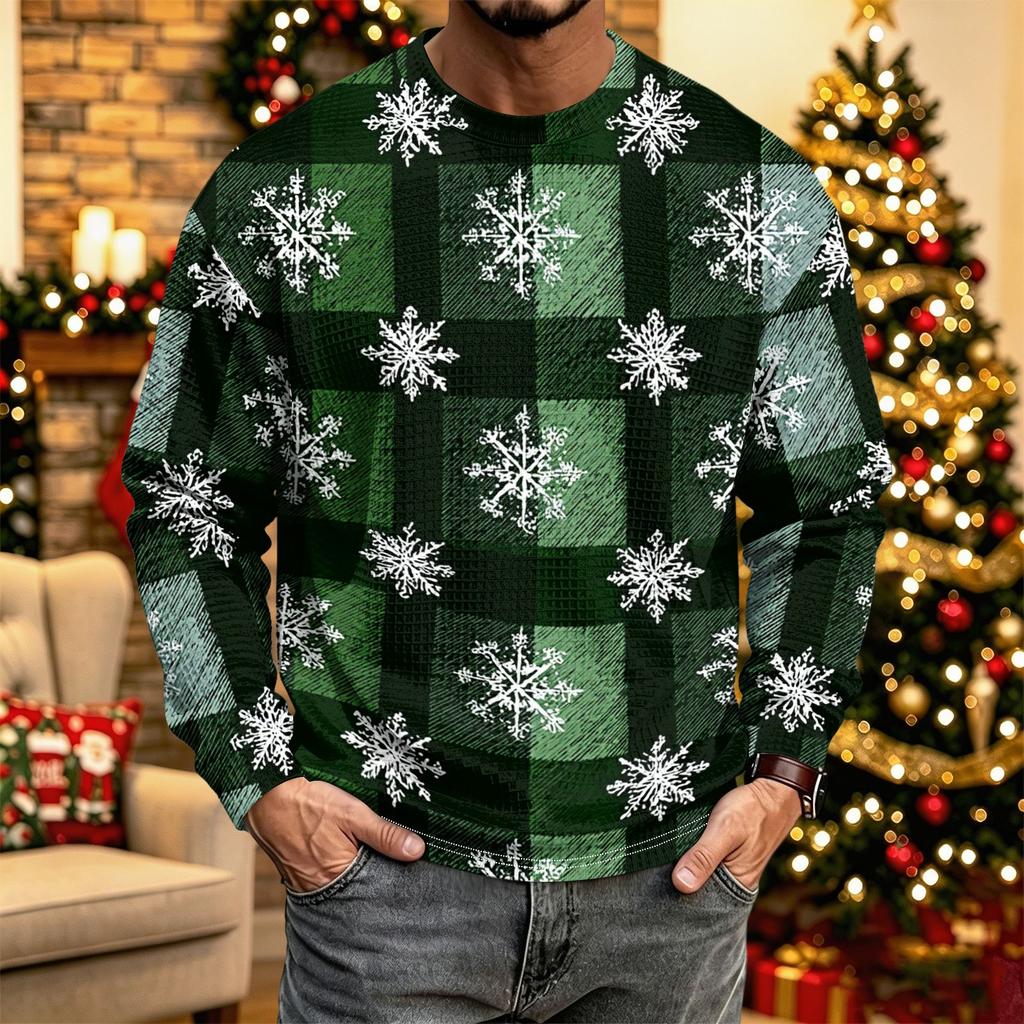 Men's Casual Knit Long Sleeve Neck Shirt with Christmas Print for Holiday and Everyday Wear