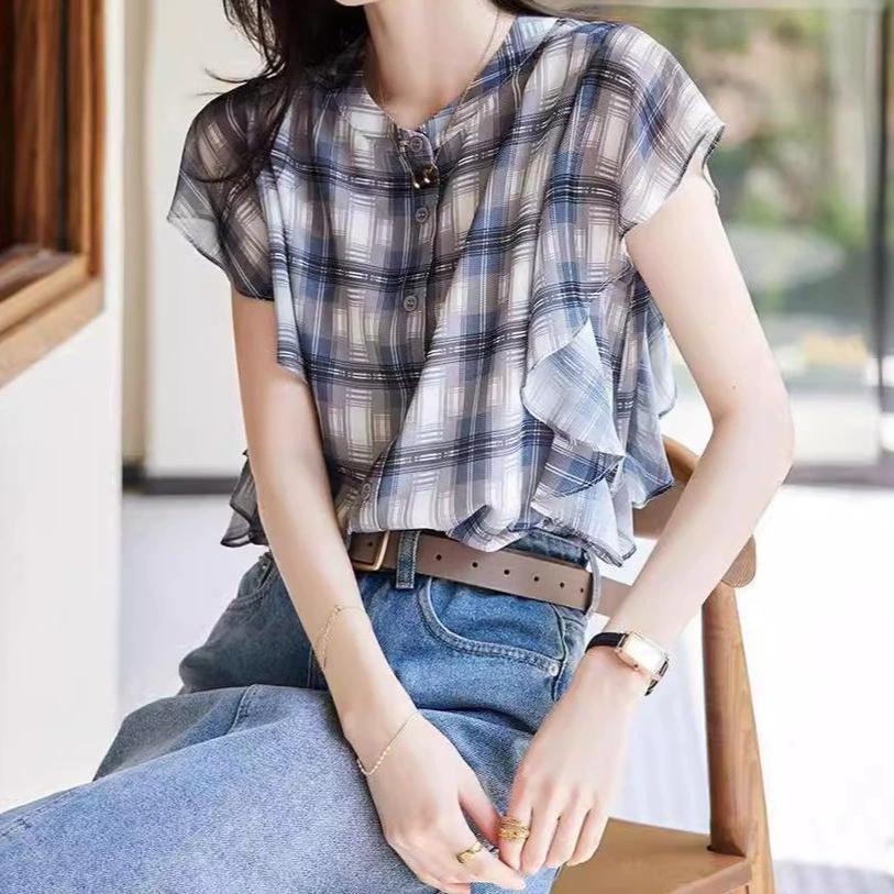 Women's Summer Ruffle Design Sweet Blouse Delicate Checkered Commuter Top