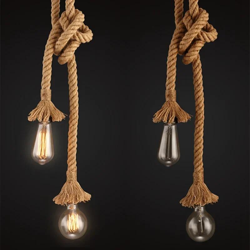 Vintage Pendant Lamp Hemp Rope Retro Double Heads Industrial Light Hanging Edison Chandeliers for Kitchen Decor Accessories