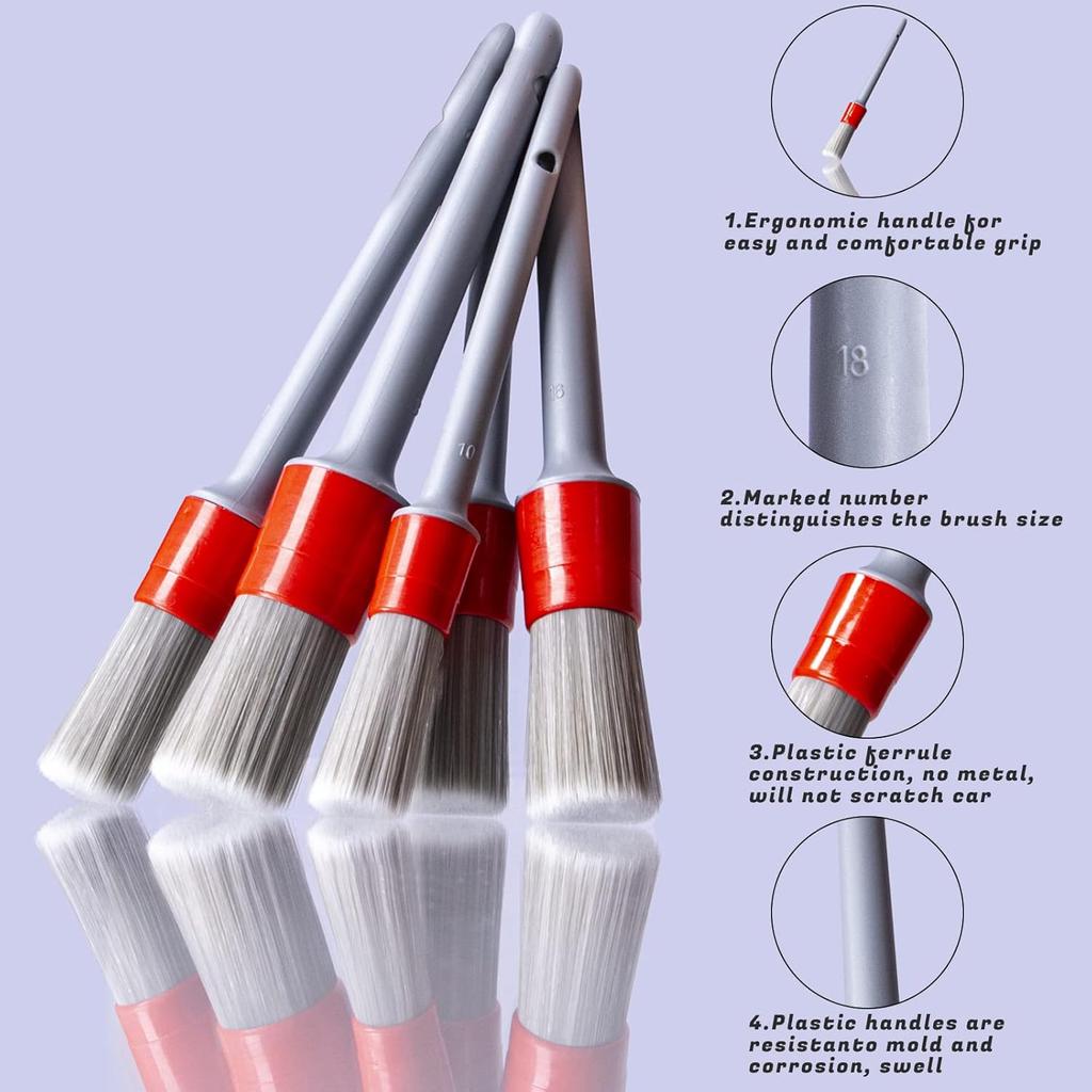 Detailing Brush Set - 5 Different Sizes Premium Natural Boar Hair Mixed Fiber Plastic Handle Automotive Detail Brushes for Cleaning Wheels, Engine,