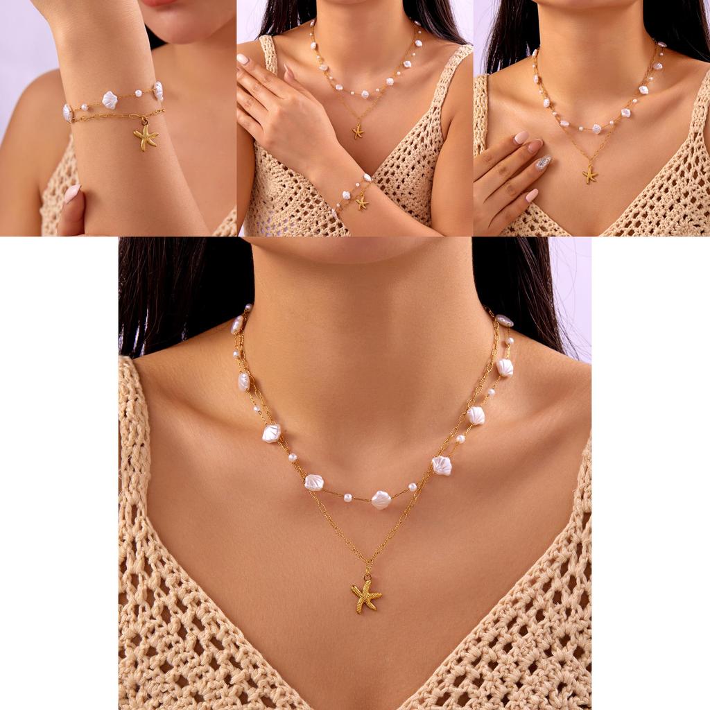 Starfish Shell Pearl Necklace For Women Fashion Ocean Style With Titanium Steel Chain