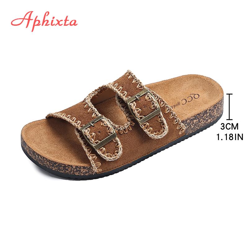 

Fashion Aphixta Sewing Brown Sandals For Women Outdoor Casual Flip-flops Vacation Beach Shoes With Buckle Women Cork Footbed Slides 36 коричневый