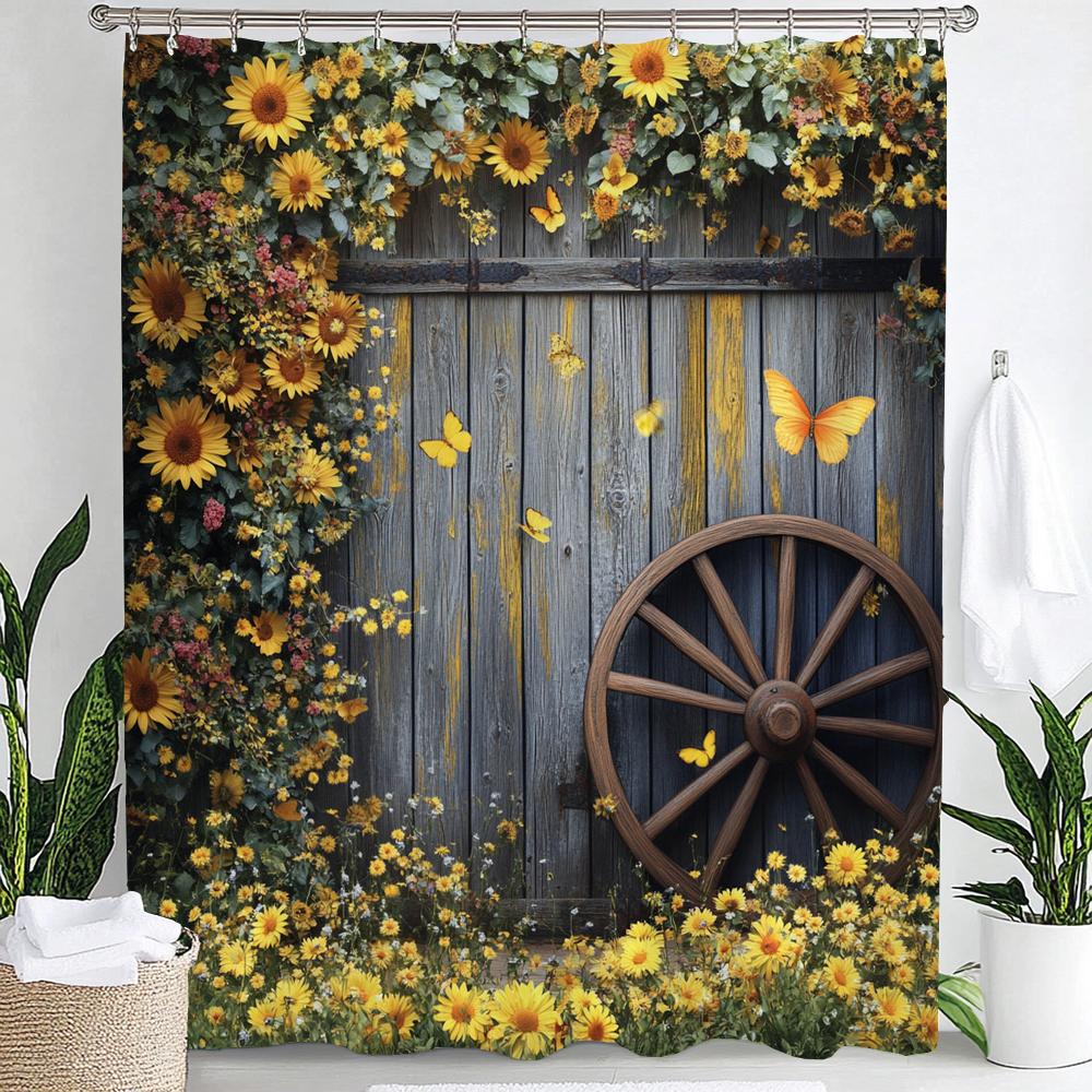 1pc Country Farm Barn, Flower Sunflower Print Waterproof Shower Partition Privacy Hanging Curtain with Hooks Machine Washable