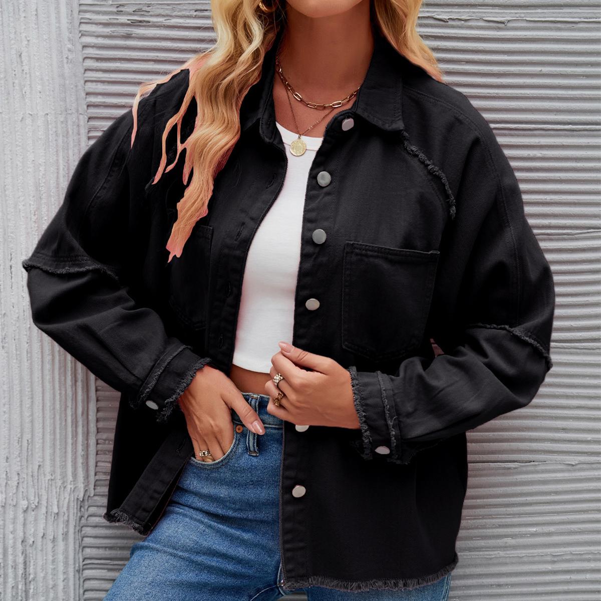 

YYFS женские модные джинсовые повседневные осенне-зимние однотонные рубашки-поло с длинными рукавами и принтом, блузки и рубашки, верхняя куртка XL чёрный