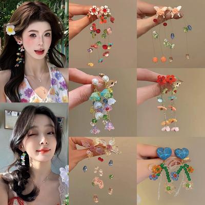 Flower Crystal Fringed Earrings Small Fresh and Sweet Versatile Stud Earrings Fashion Temperament High Sense Earrings