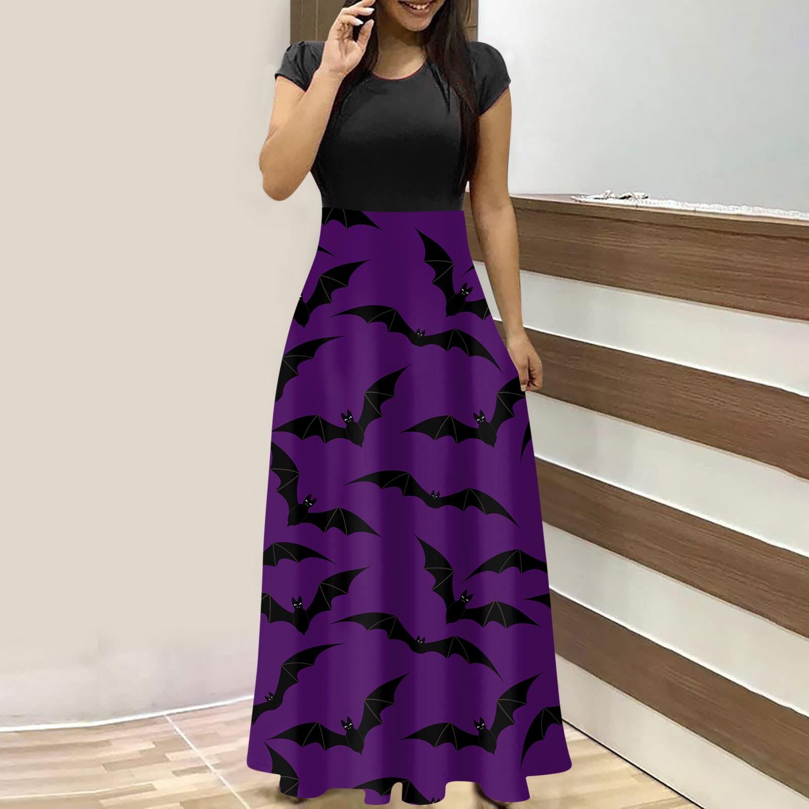 Женское модное платье макси с круглым вырезом и коротким рукавом с принтом на Хэллоуин — фото 6