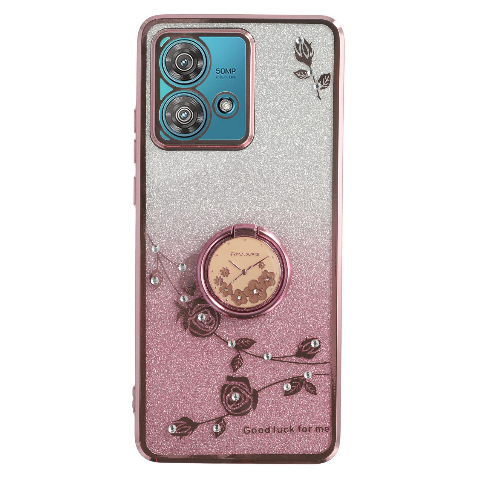 

KADEM For Motorola Edge 40 Neo 5G Case Ring Kickstand TPU Flowers Phone Cover Gradient Glitter Rose Gold