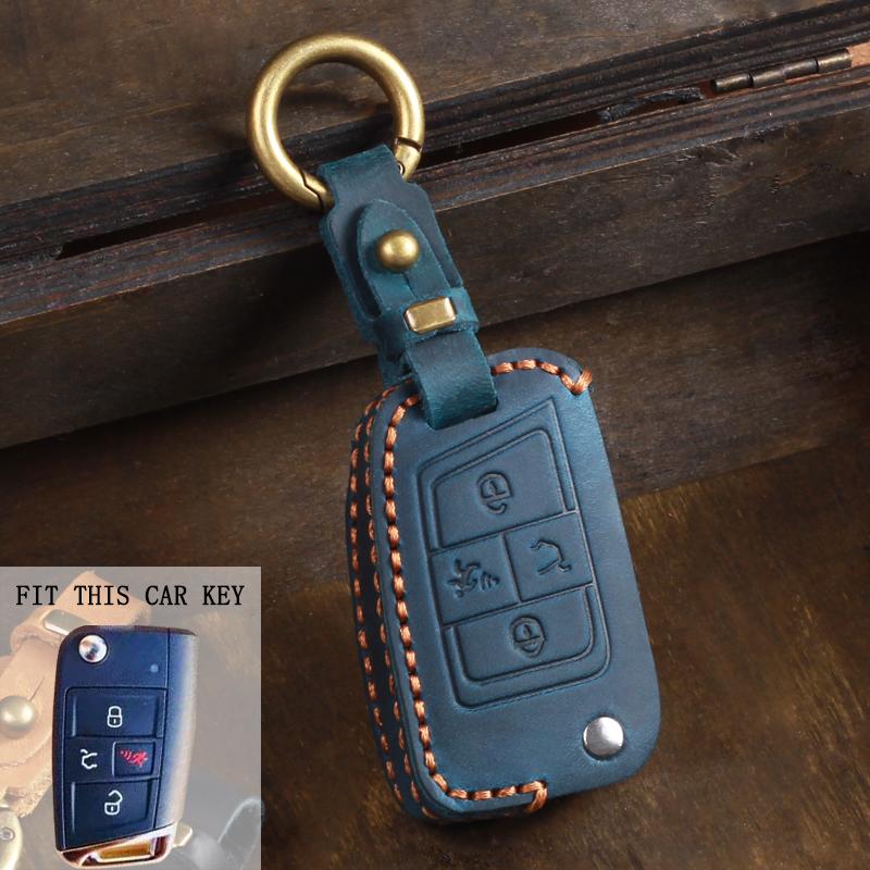 Leather Car Key Case For Vw Volkswagen Golf Vii Mk7 Gti Jetta 4 Buttons Flip Keychain Hoder Remote Control Fobs Protector Cover