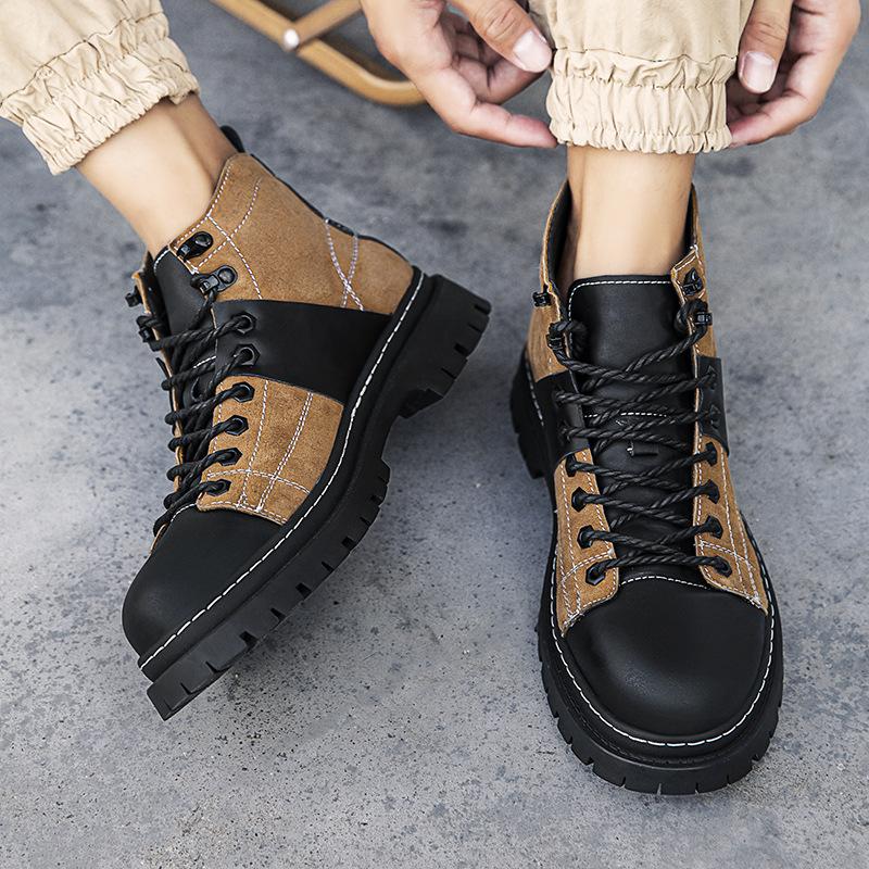 Color Matching Lace-up Platform Locomotive Boots Men's Trendy Casual Leather Boots Spring and Autumn Fashion Wear-resistant Tooling Shoes
