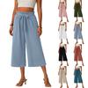 Women's High Waisted Bow Tie Wide Leg Cropped Pants Elastic Waist Solid Color Casual Culottes with Pockets