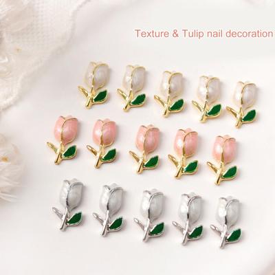 10Pcs Nail Removable Tulip Three High Gloss Art Dimensional Non-Fading DIY Alloy Women Glitter Tulip