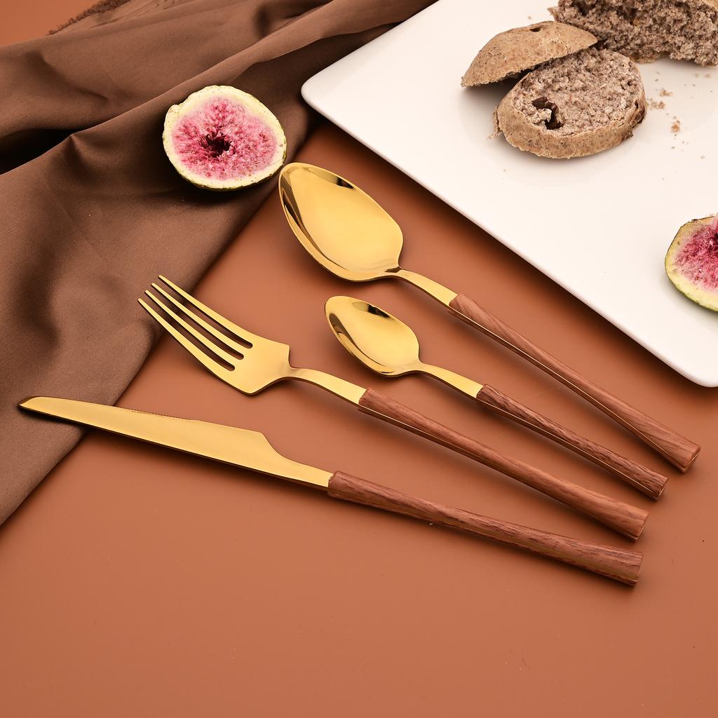 24 ks Příborů s dřevěnou rukojetí Domácí kuchyňská sada nádobí Nůž Vidlička Lžíce Čajová lžička Imitace mramoru Zrcadlová nerezová ocel Služba pro 6 osob