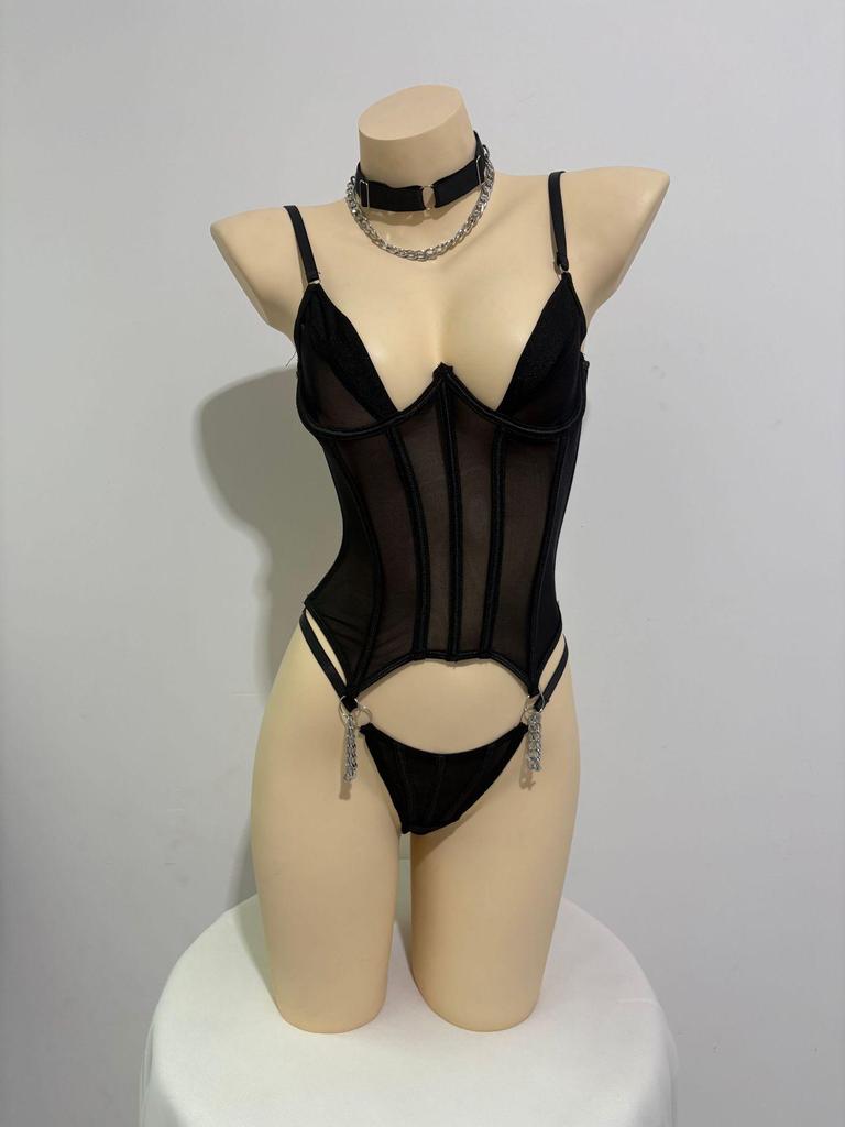Mesh Bodysuit & G-string Set with Boning - Bestseller