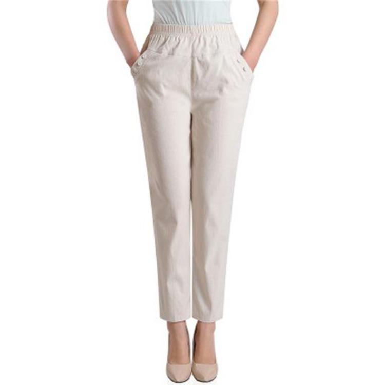 Ladies Plus Size High Waist Linen Pants Straight Trousers Long Office Work Pantalon