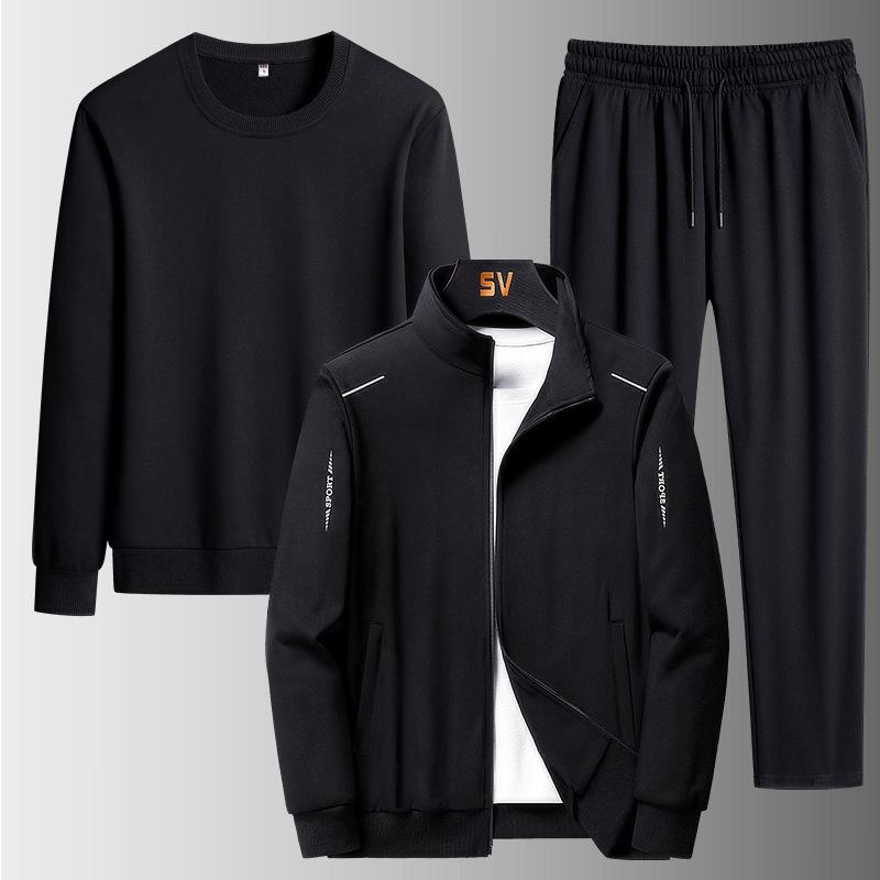 Plus Size Men's Casual Three-Piece Sports Jacket Set for Middle-Aged and Elderly - Loose Fit Sweatshirt for Spring and Autumn