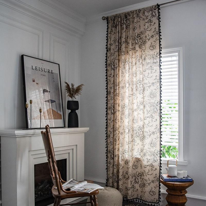Cotton Linen American Floral Blackout Window Curtains with Tassel for Bedroom Kitchen Curtains Country Style Living Room Curtain